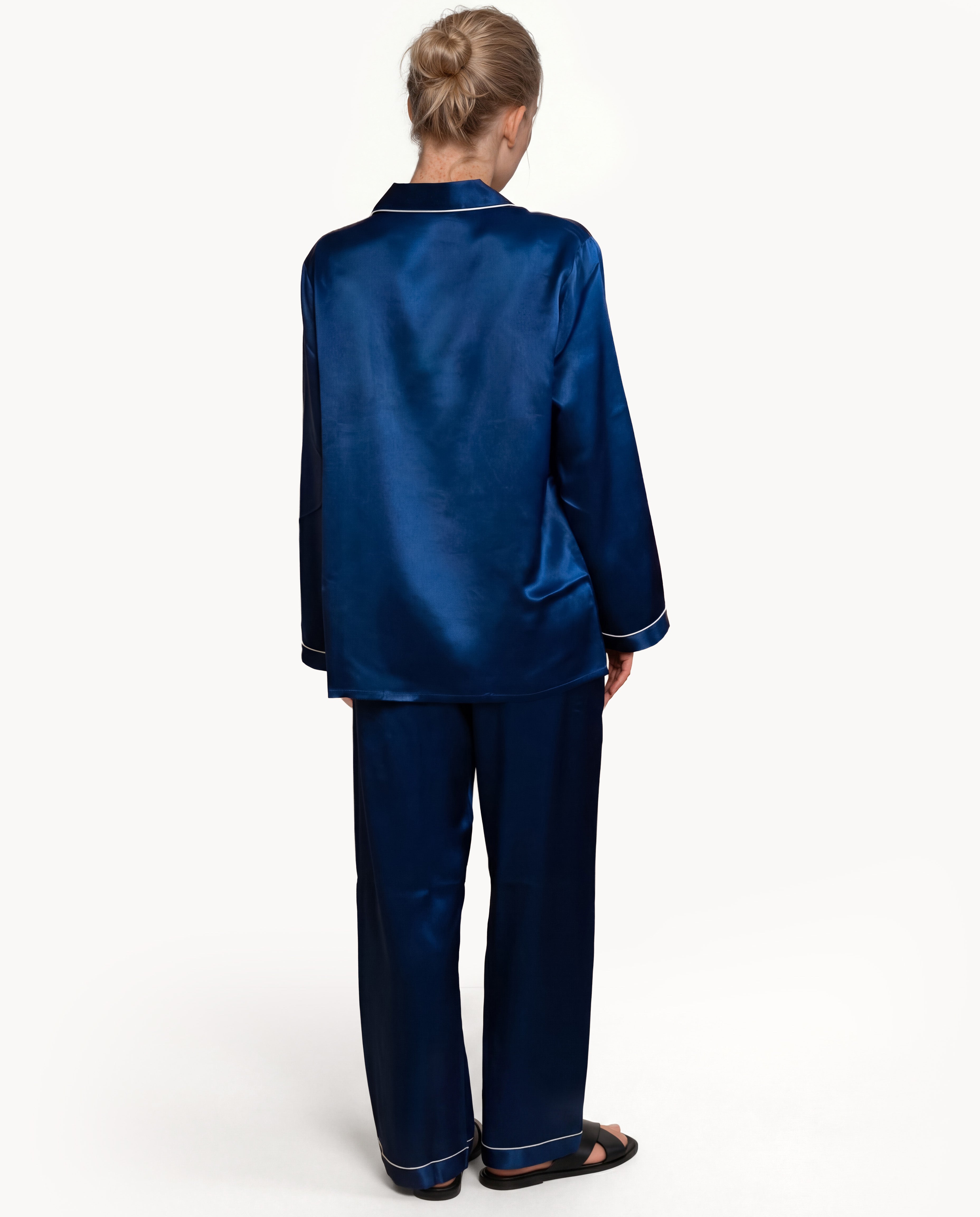 Back view of model wearing Navy silk pajamas, real silk silk material sleep in shirt and silk sleepwear gown for womens pajamas.