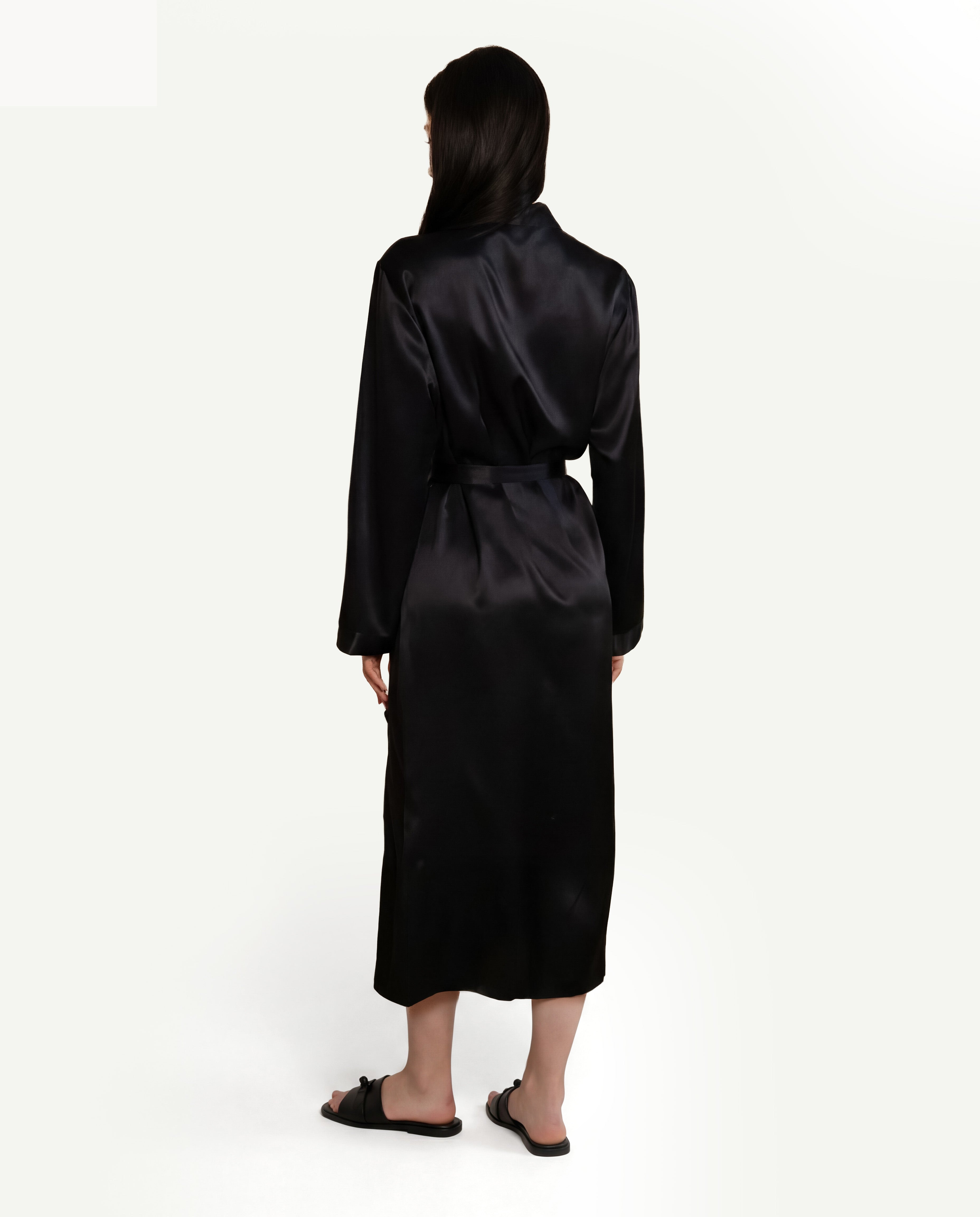 Back view of NORA black silk robe, handcrafted womens silk robe in 100% real silk.