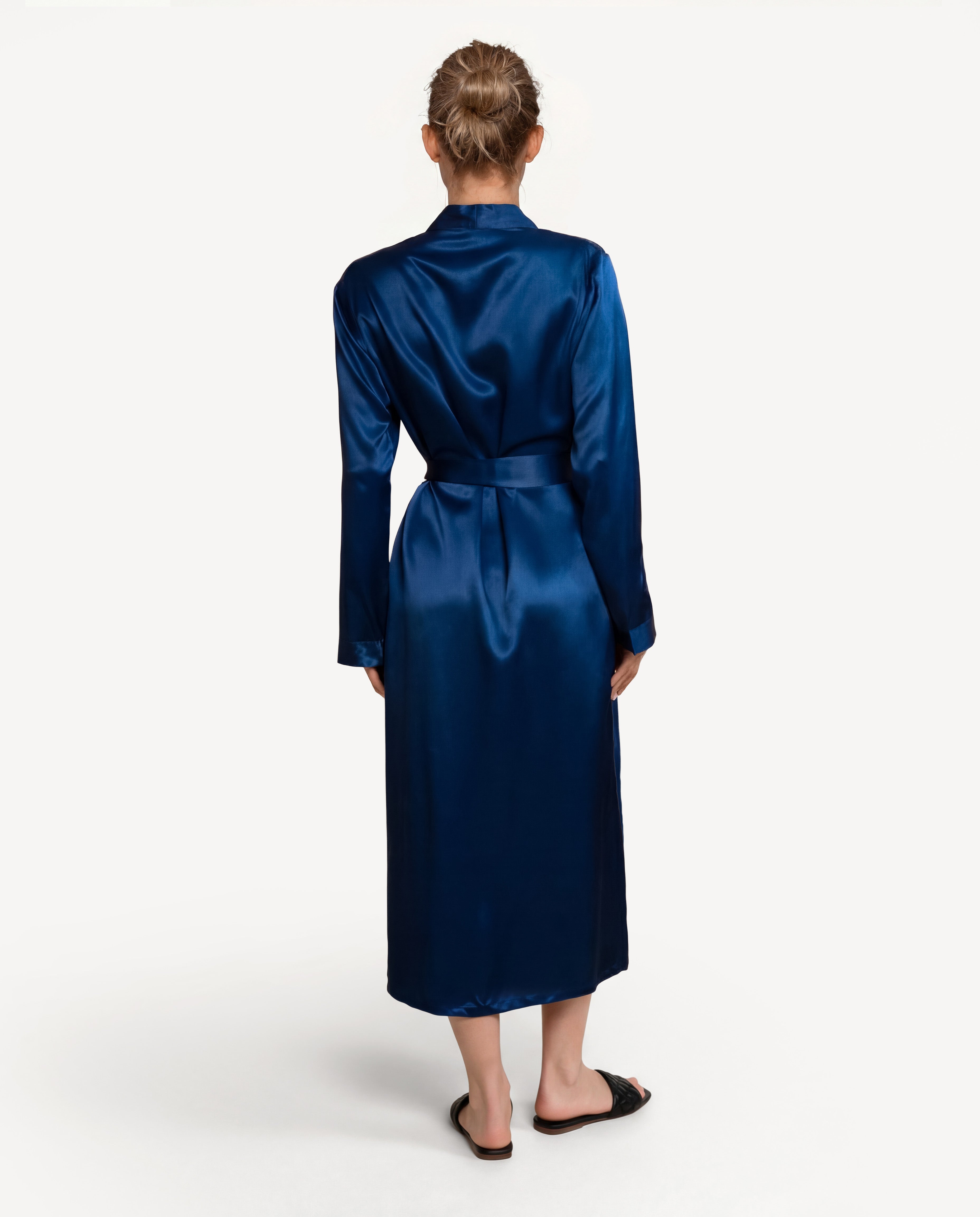 Back view of Navy NORA silk robes, luxury womens silk robe featuring a floor-length drape.