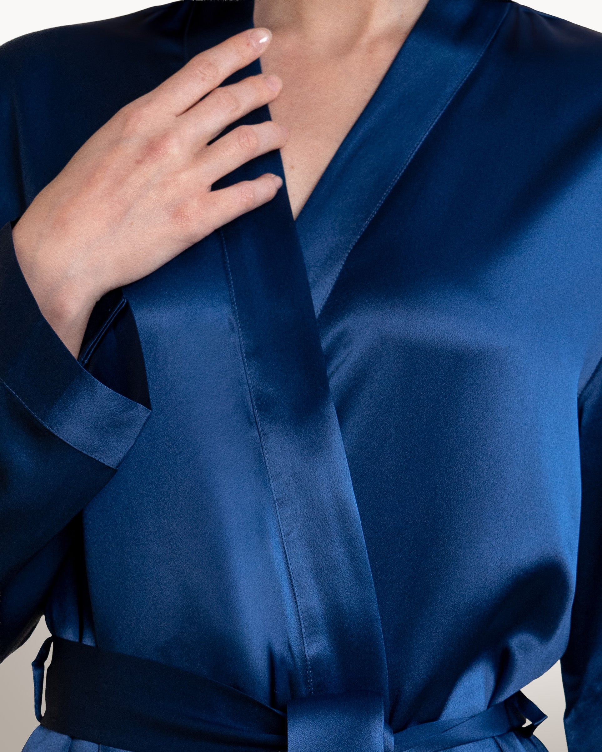 Detailed collar of Navy NORA silk robe, premium silk material, silk kimono robe style.