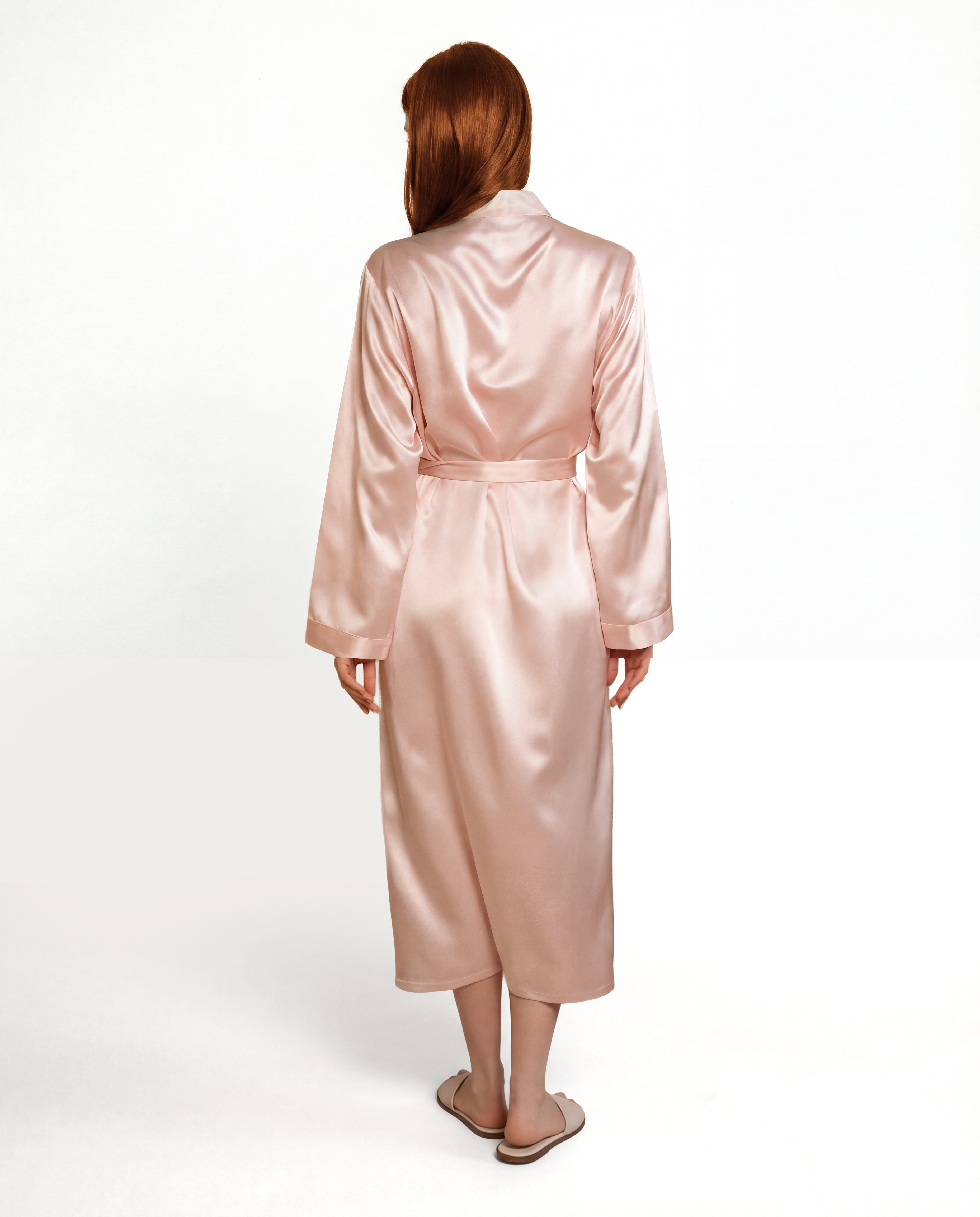 Back view of Light Pink NORA silk robes, womens silk robe in premium real silk for a soft silhouette.