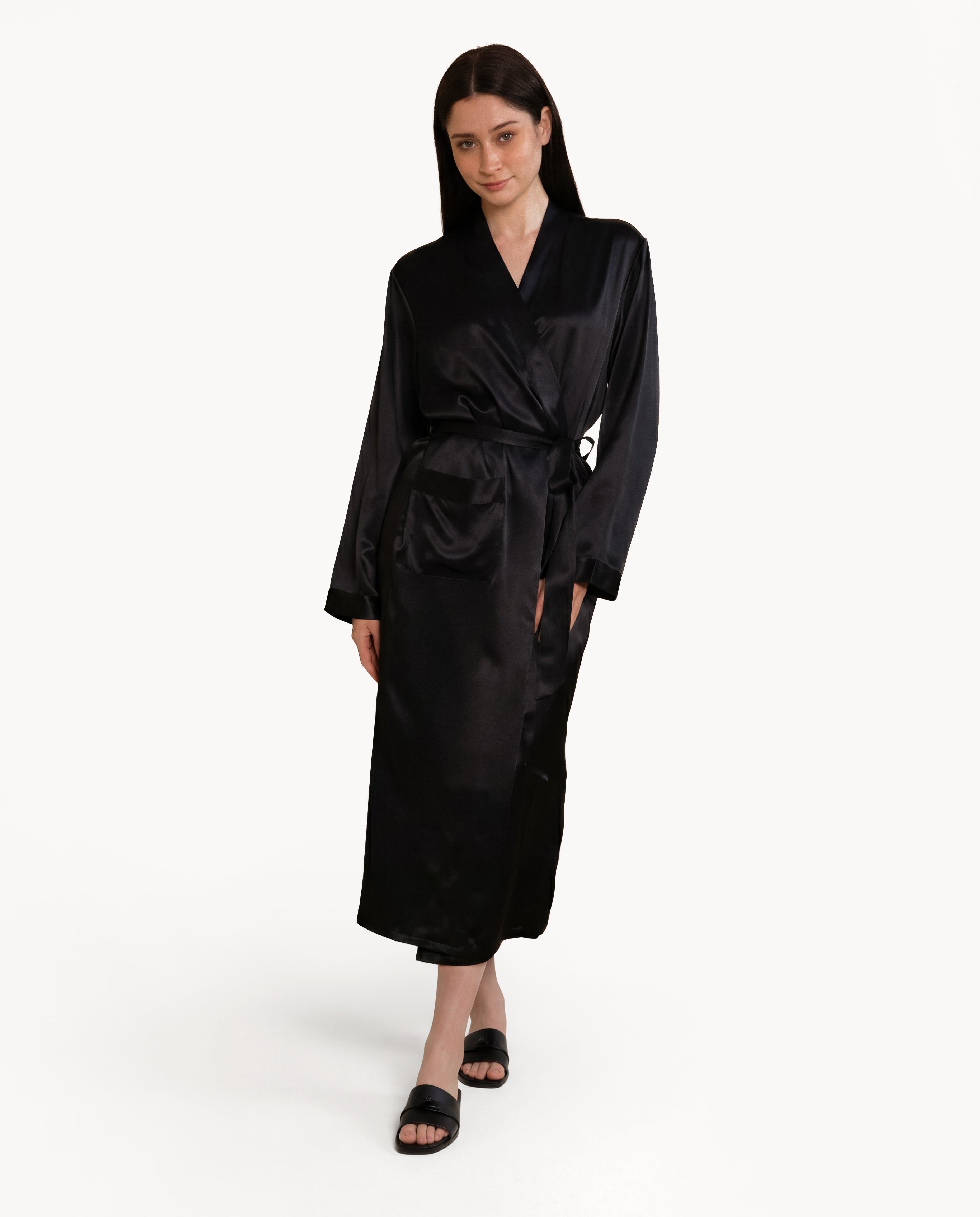 Front view of NORA Black silk robe on model, luxury real mulberry silk fabric long silk robe.