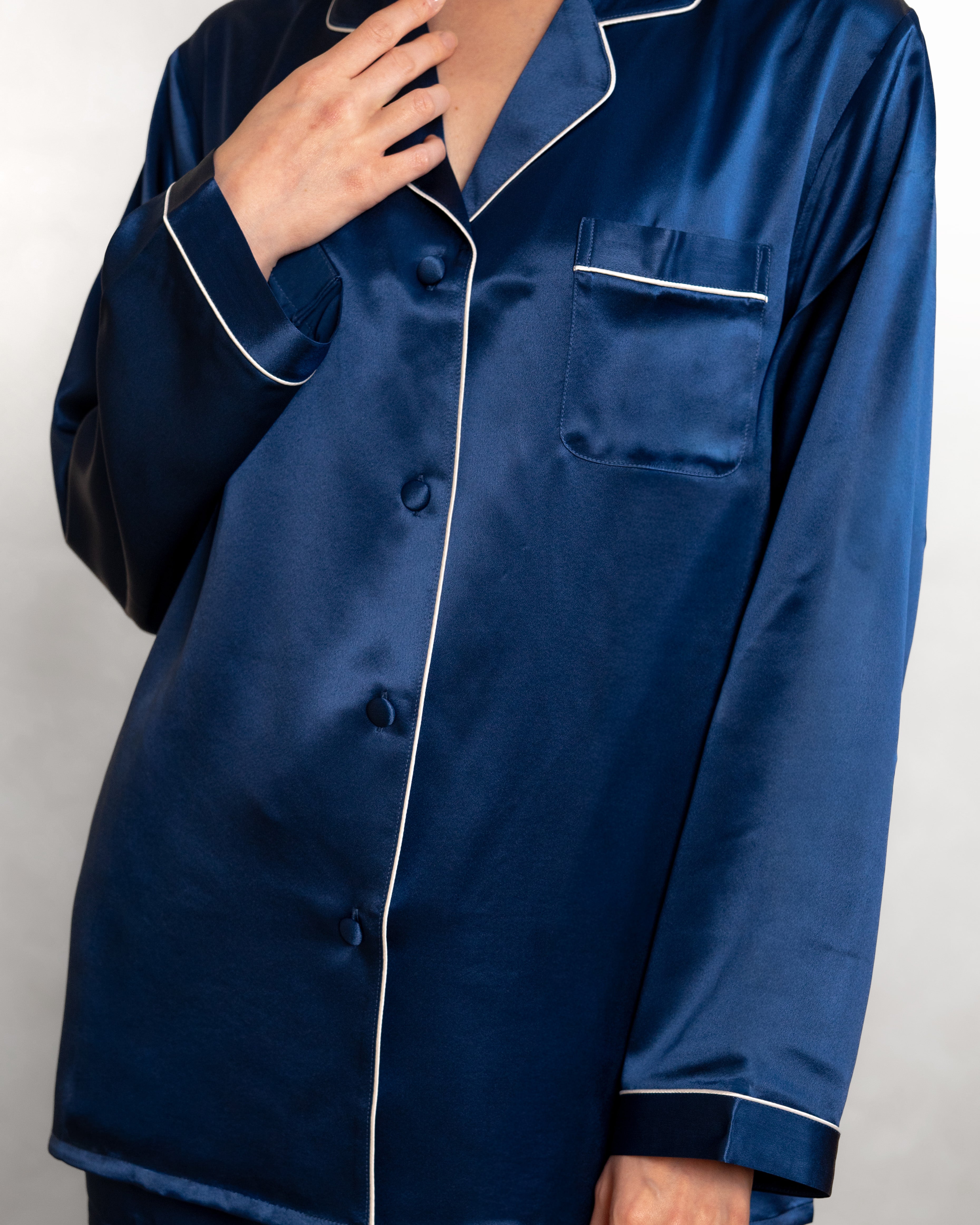 NORA Navy silk pajama shirt detail of the elegant collar, handcrafted real mulberry silk fabric for navy blue pajama set and womens pajamas.