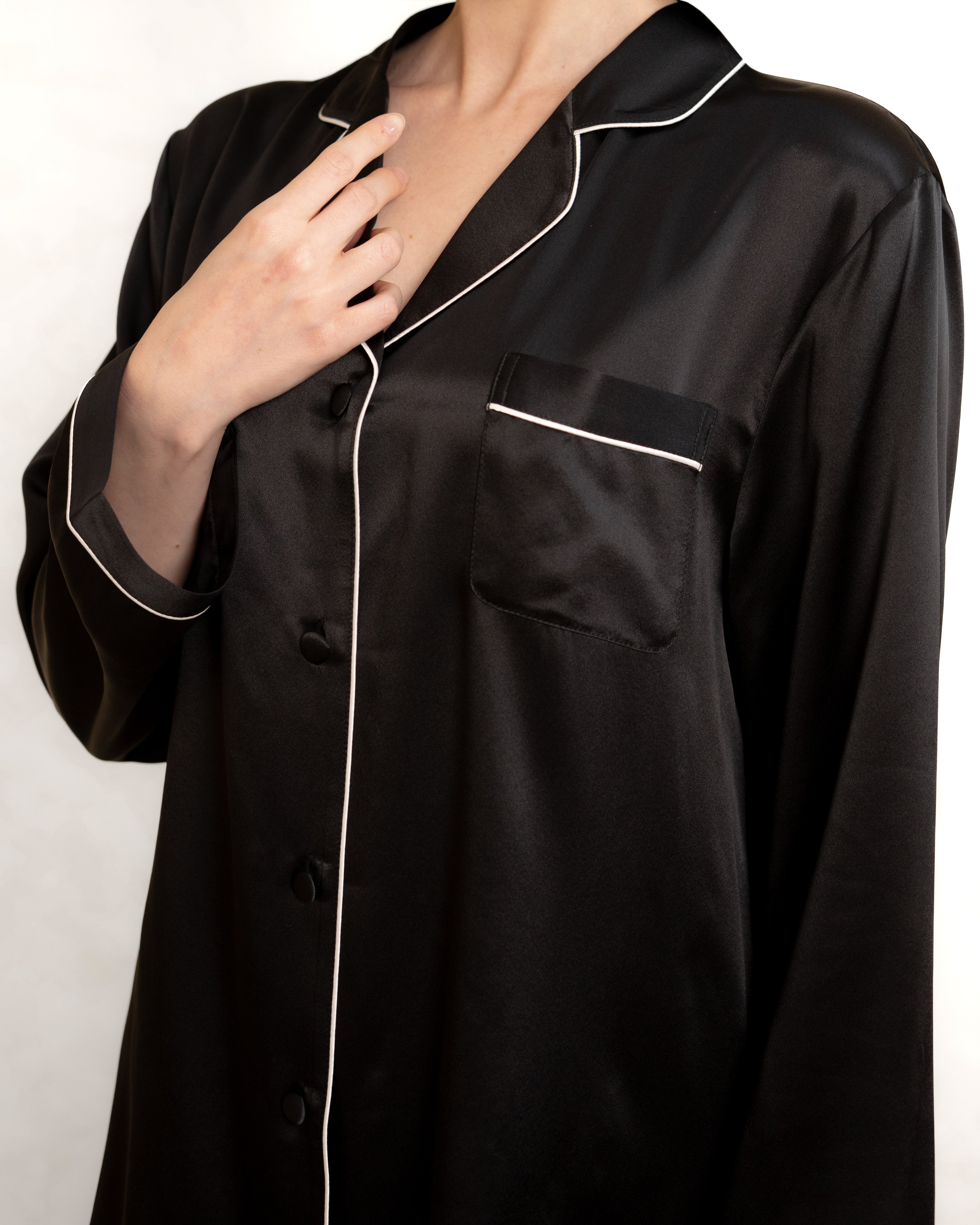 NORA Black silk pajama shirt showing the elegant collar detail, luxury real silk mulberry silk fabric for adult pajamas and womens pajamas.