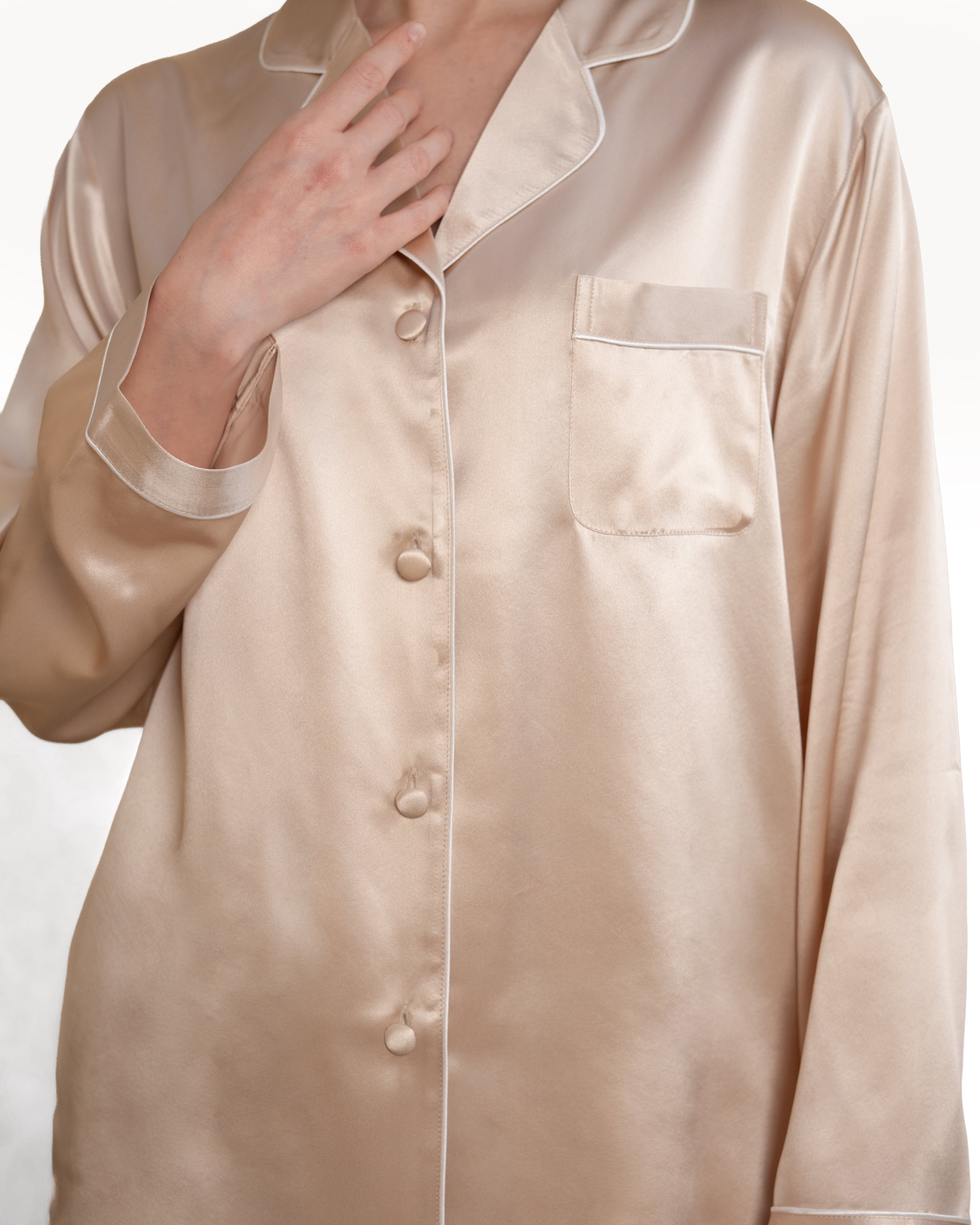 NORA Champagne silk pajama shirt showing the premium collar, luxury real silk mulberry silk fabric for adult pajamas and silk pajama set.