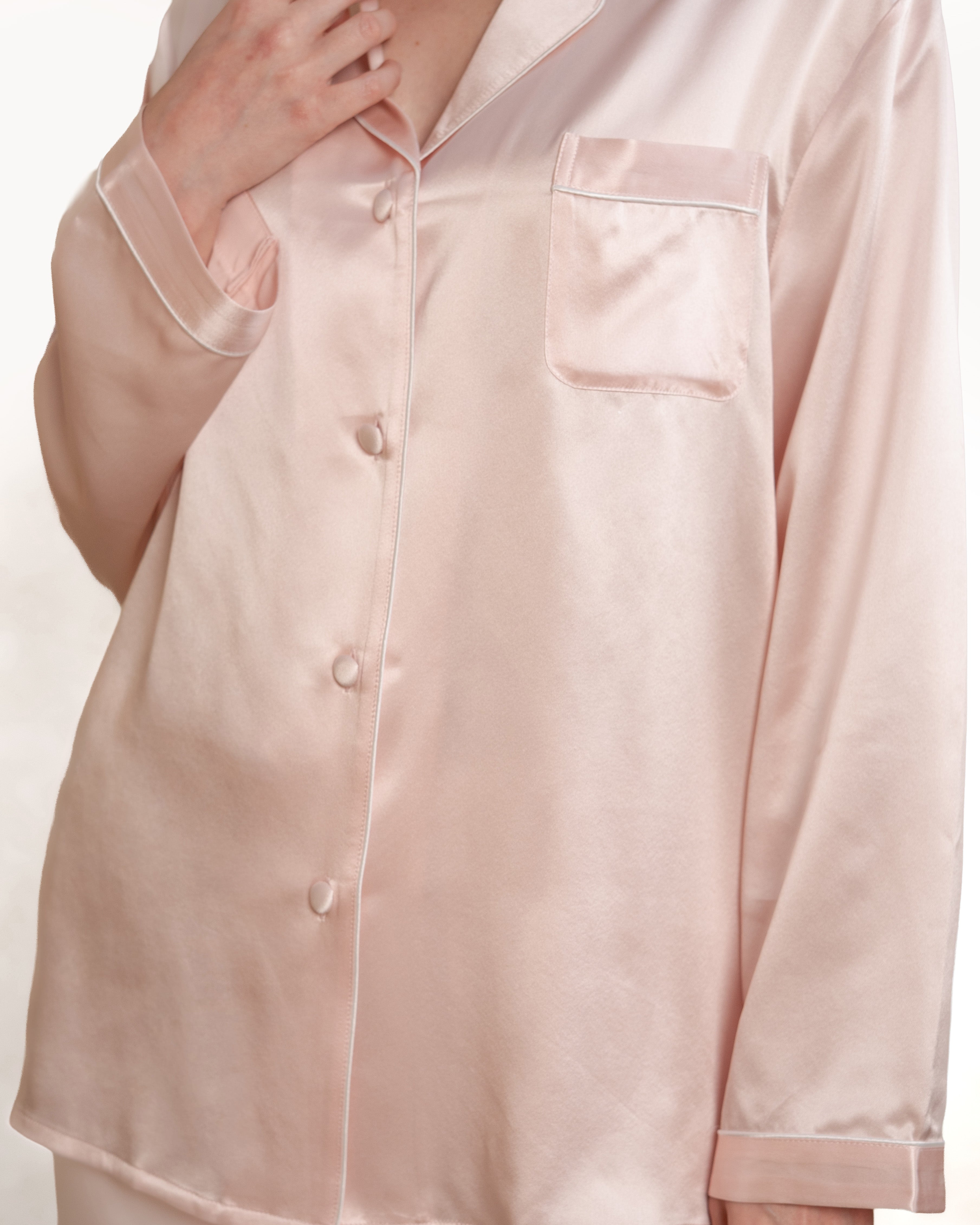 NORA Light Pink silk pajama collar detail on model, luxury real mulberry silk fabric for cute pajama sets.