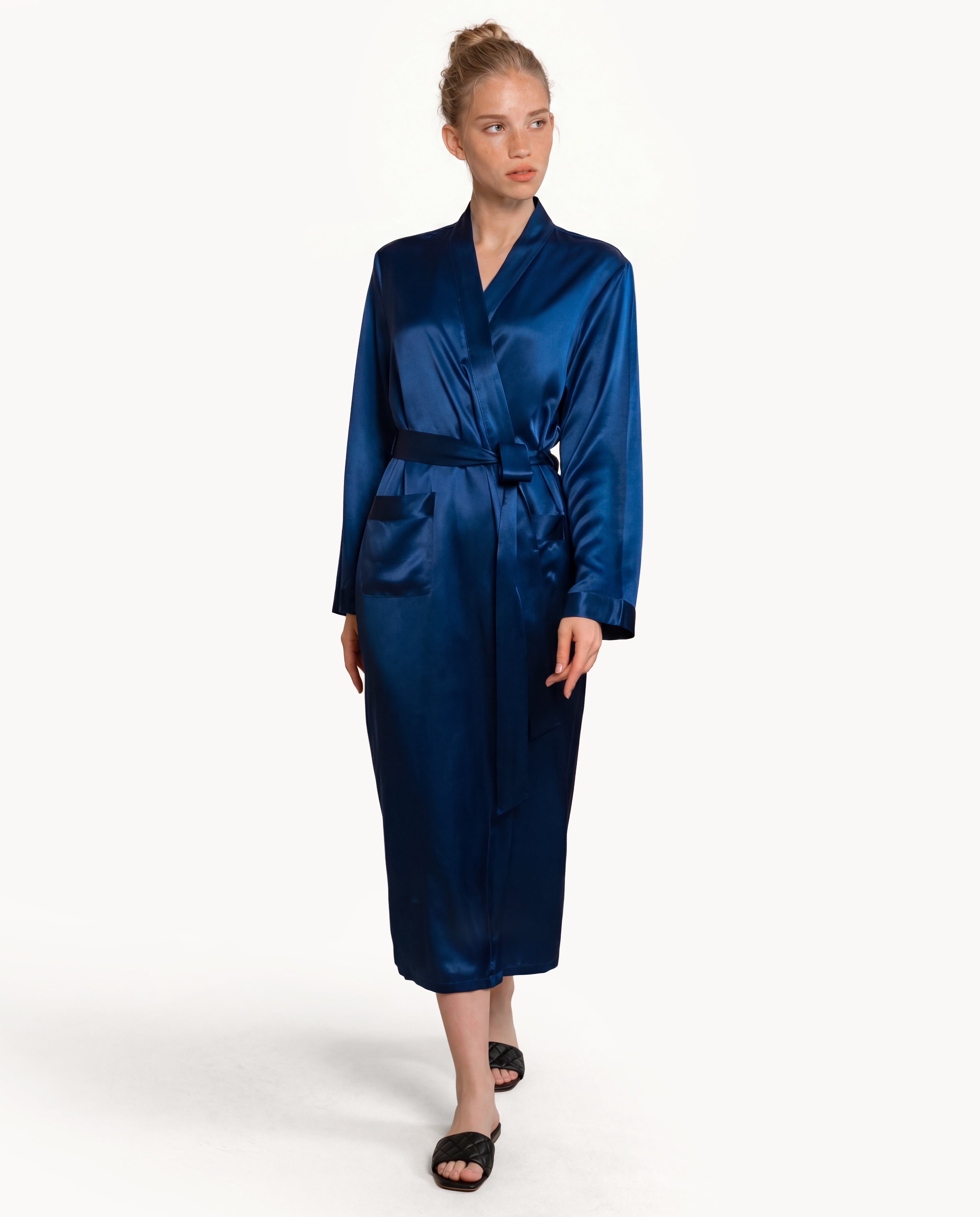 Front view of Navy NORA silk robe, elegant real silk mulberry silk fabric long silk robe for women.
