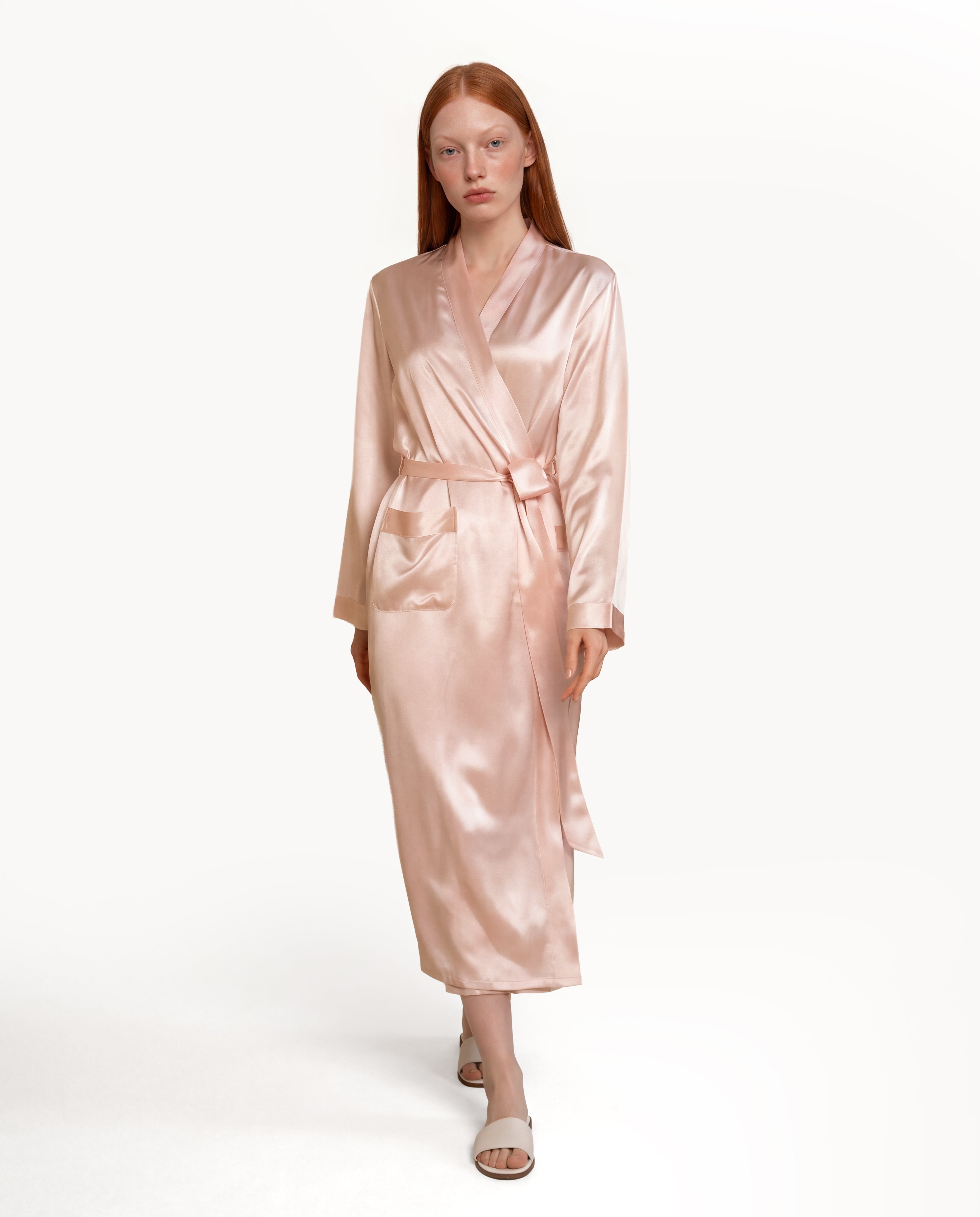 Front view of Light Pink NORA silk robe, luxury real silk mulberry silk fabric pink silk robe.